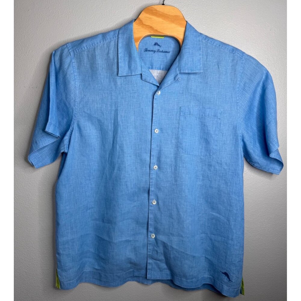 Tommy Bahama 100% Linen Blue Short Sleeve Button Up Casual Shirt XL/TG